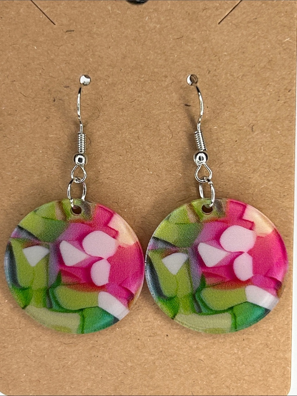 Colorful Pink & Green Floral Round Drop Acrylic Earrings Women Fashion Jewelry